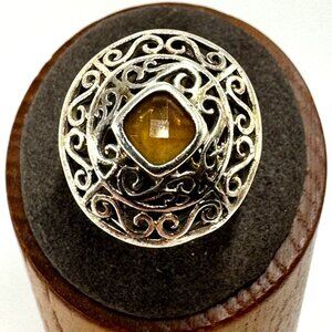 VTG Solid Sterling Silver 925 Citrine Filigree Design Statement Ring Size 9.5